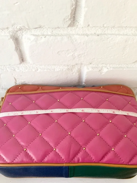 Vintage Quilted Color Block Multi-Color Leather Studded Tassel Crossbody Bag - Picture 14 of 17